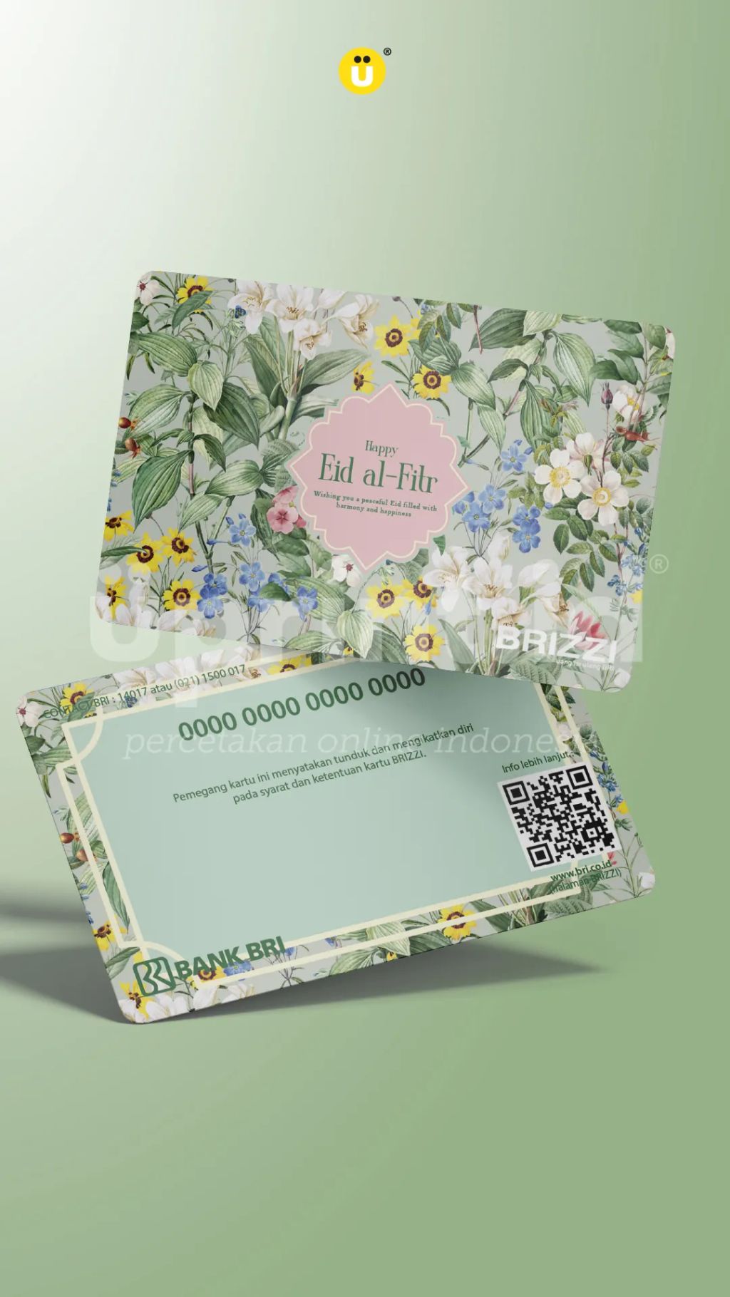 Kartu hadiah floral dengan tampilan premium untuk contoh penggunaan finishing yang mendukung persepsi nilai merek.