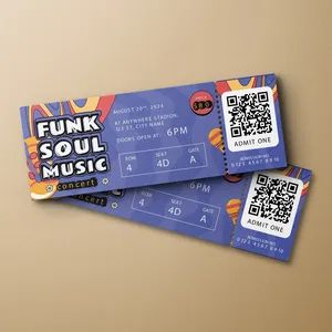 Tiket konser dengan tema musik funk dan soul, desain modern.
