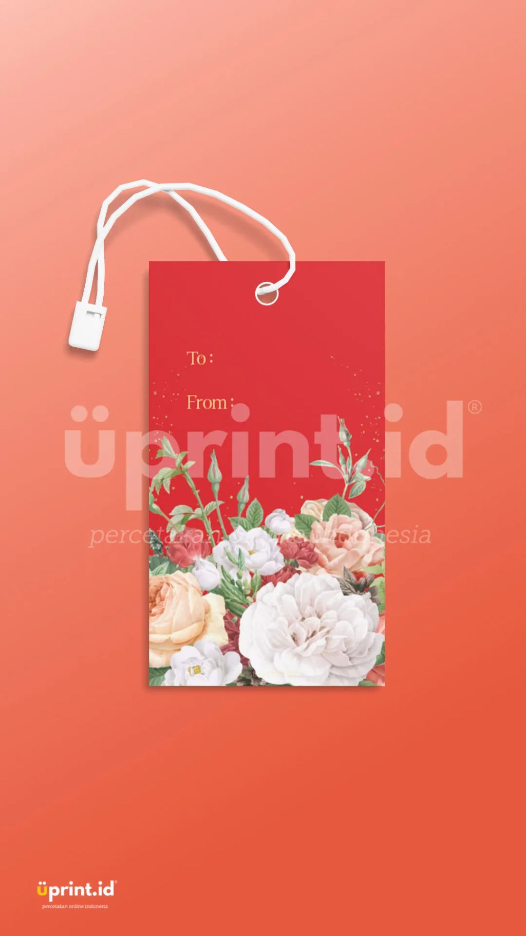 Tag hadiah merah dengan area To dan From sebagai inspirasi kartu promosi cetak personal