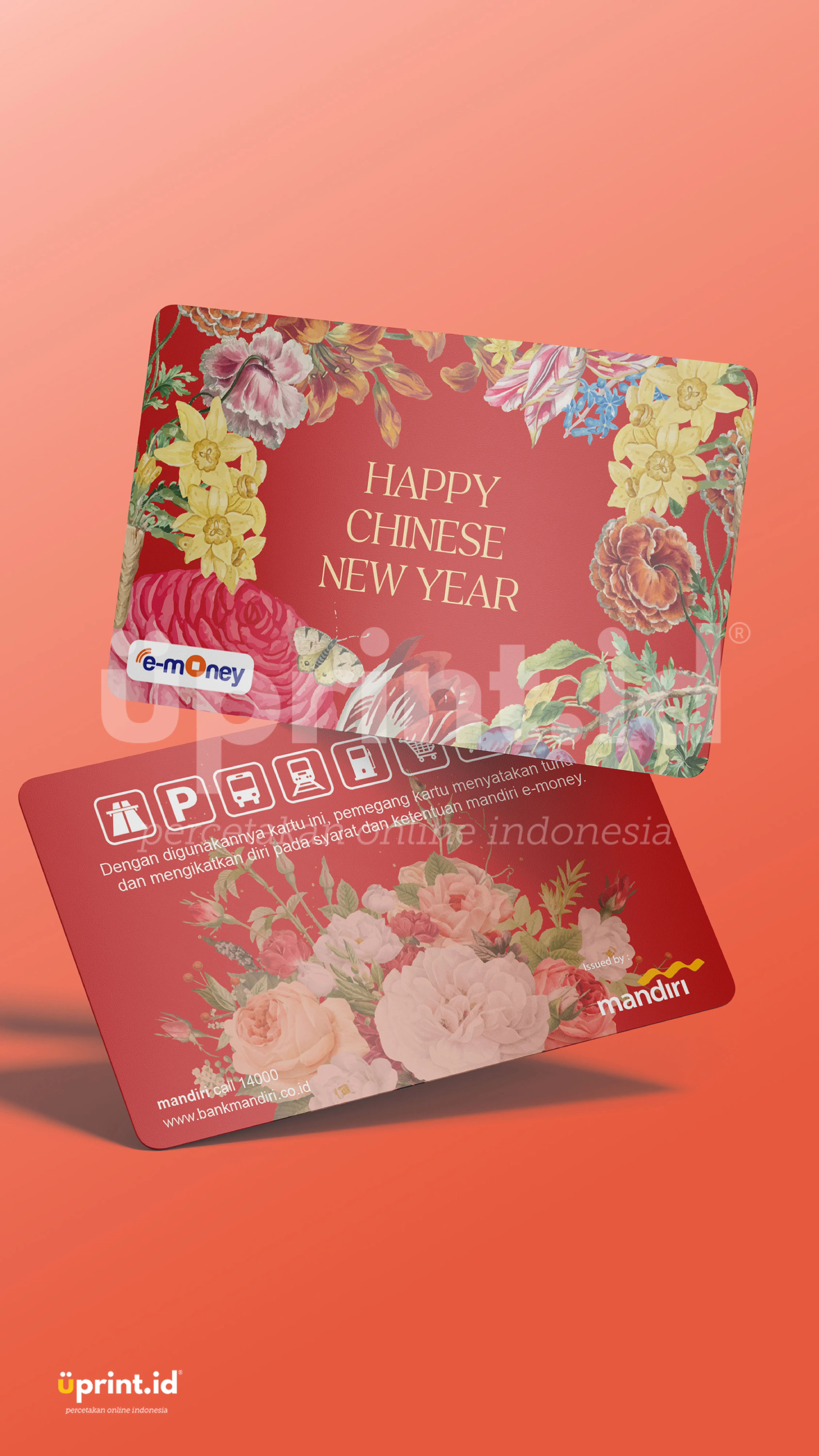 Kartu merah dengan desain bunga dan ucapan Happy Chinese New Year untuk kemasan hadiah Imlek premium.