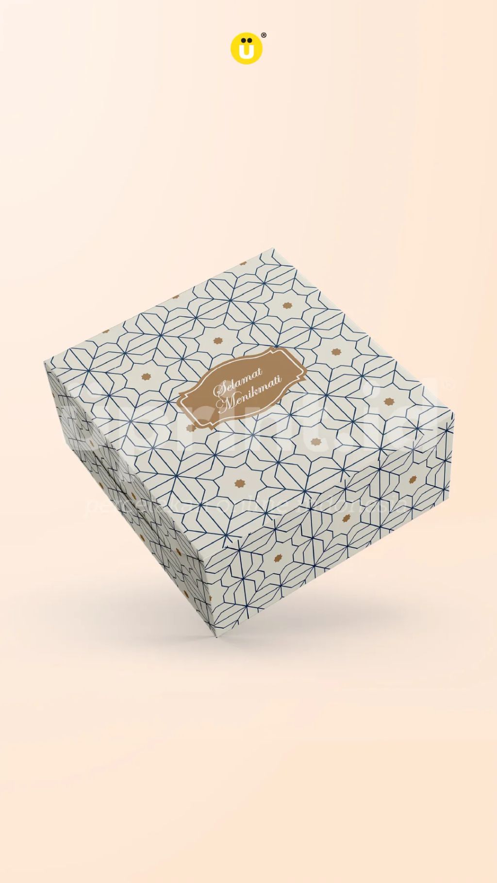 Kotak hadiah dengan motif geometris elegan dan tulisan Selamat Menikmati untuk kemasan premium.
