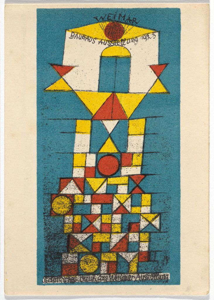 Ilustrasi desain geometris dalam gaya Bauhaus dengan warna cerah dan bentuk segitiga.