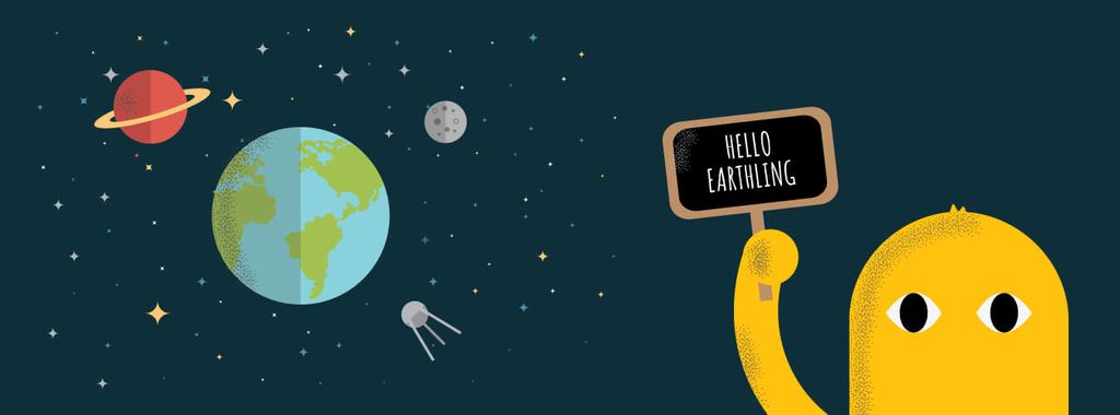 Alien menyapa sebagai Earthling di latar belakang planet dan bintang