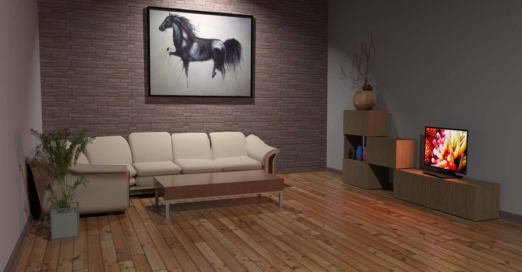 Interior ruang tamu modern dengan sofa, meja tamu, dan televisi LED.