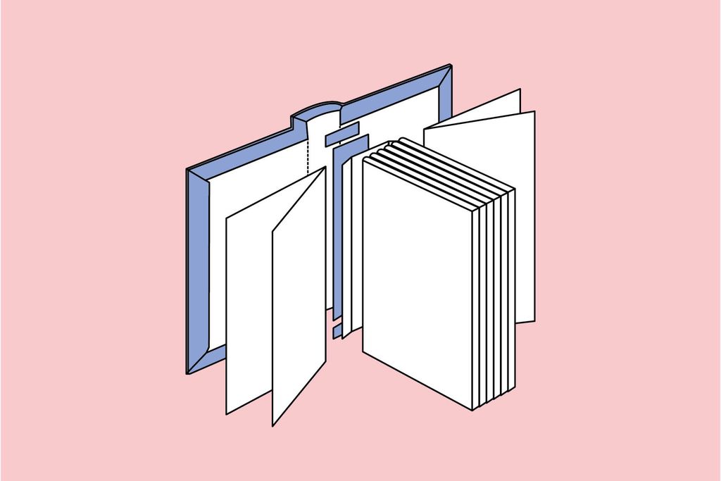Ilustrasi buku terbuka dengan halaman putih dan cover biru