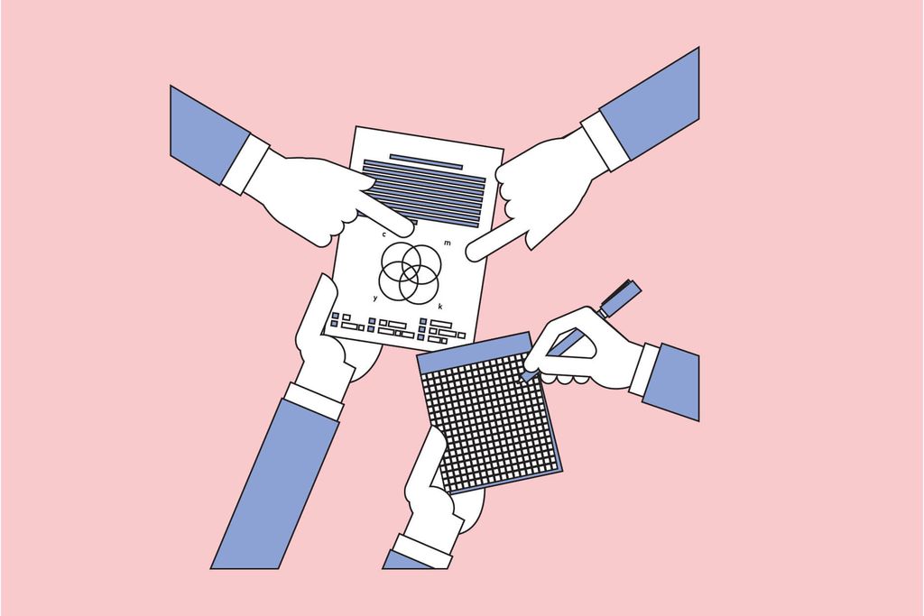 Ilustrasi tangan memegang cetakan dan gambar warna CMYK