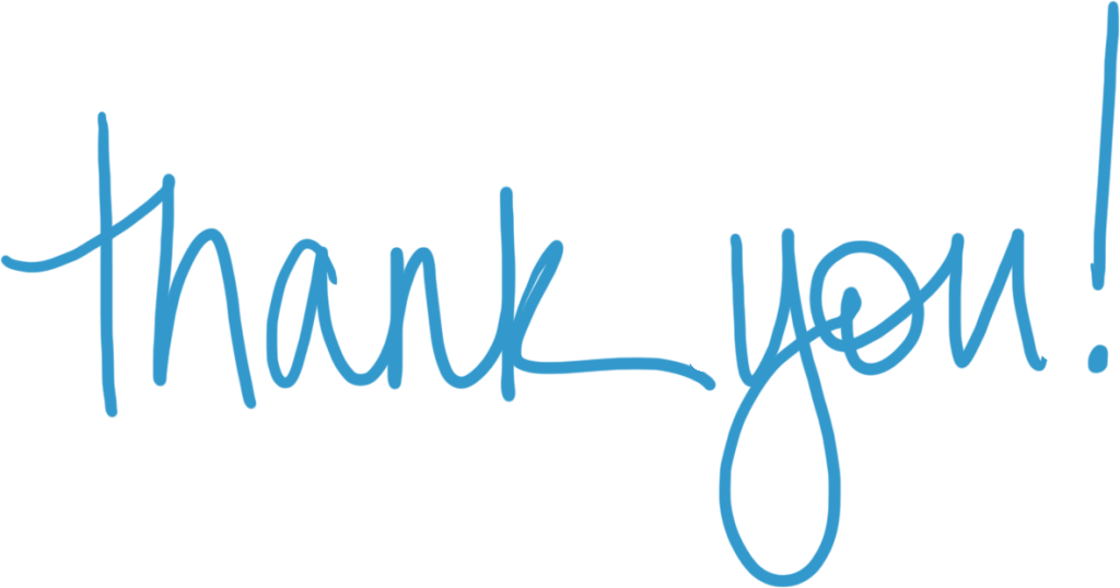 Teks 'thank you!' dalam gaya tulisan tangan biru
