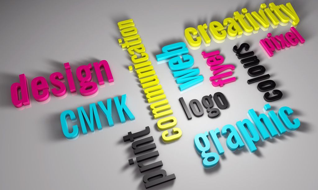 Ilustrasi berbagai kata-kata seperti design, print, web, dan graphic dalam warna cerah.