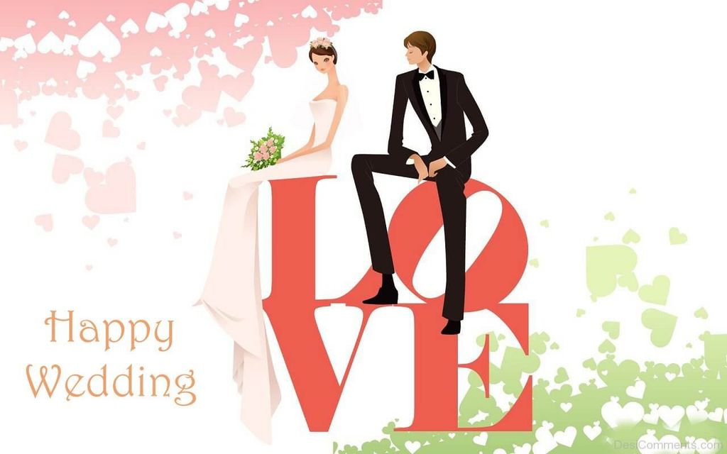 Ilustrasi pernikahan dengan tema LOVE dan pesan Happy Wedding.