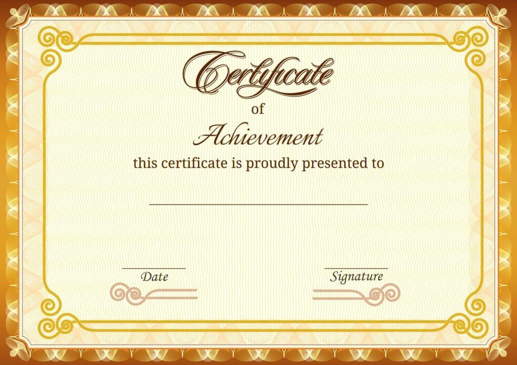 Desain sertifikat penghargaan dengan frame emas dan teks 'Certificate of Achievement'.