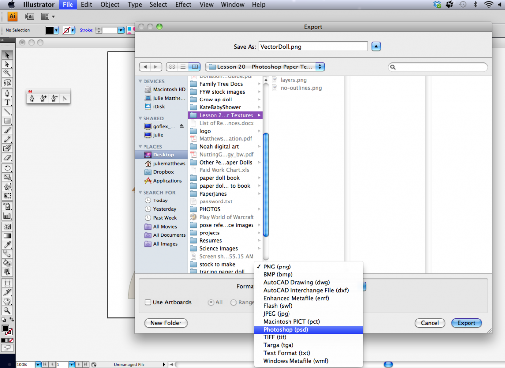 Tampilan dialog export file dalam Adobe Illustrator dengan opsi format file dan folder penyimpanan.