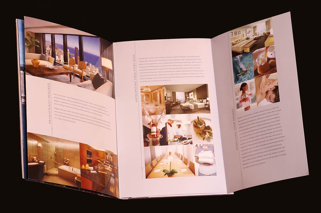 Desain brosur untuk layanan percetakan online Uprint.id dengan foto-foto interior hotel mewah.