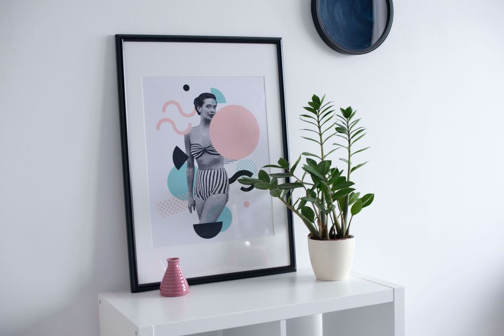 Gambar frame seni modern dengan potret wanita dan elemen abstrak, disamping tanaman hias.