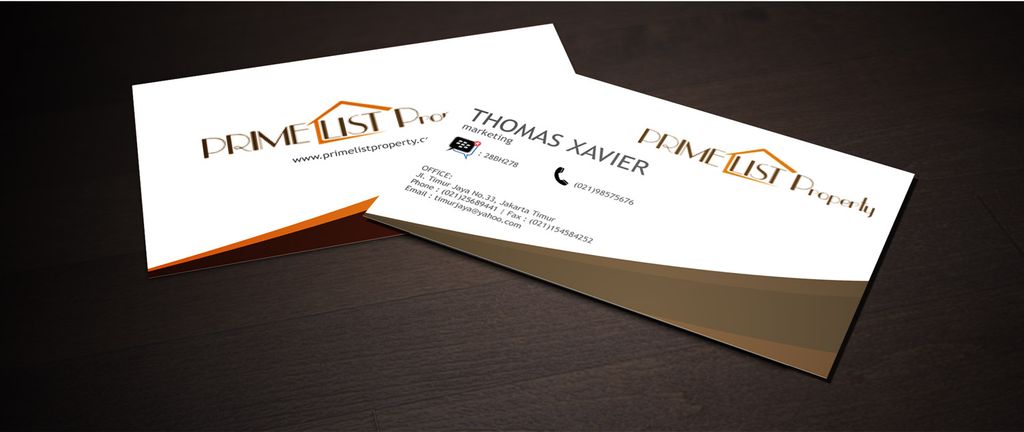 Kartu nama profesional dengan logo dan detail kontak Prime List Property.
