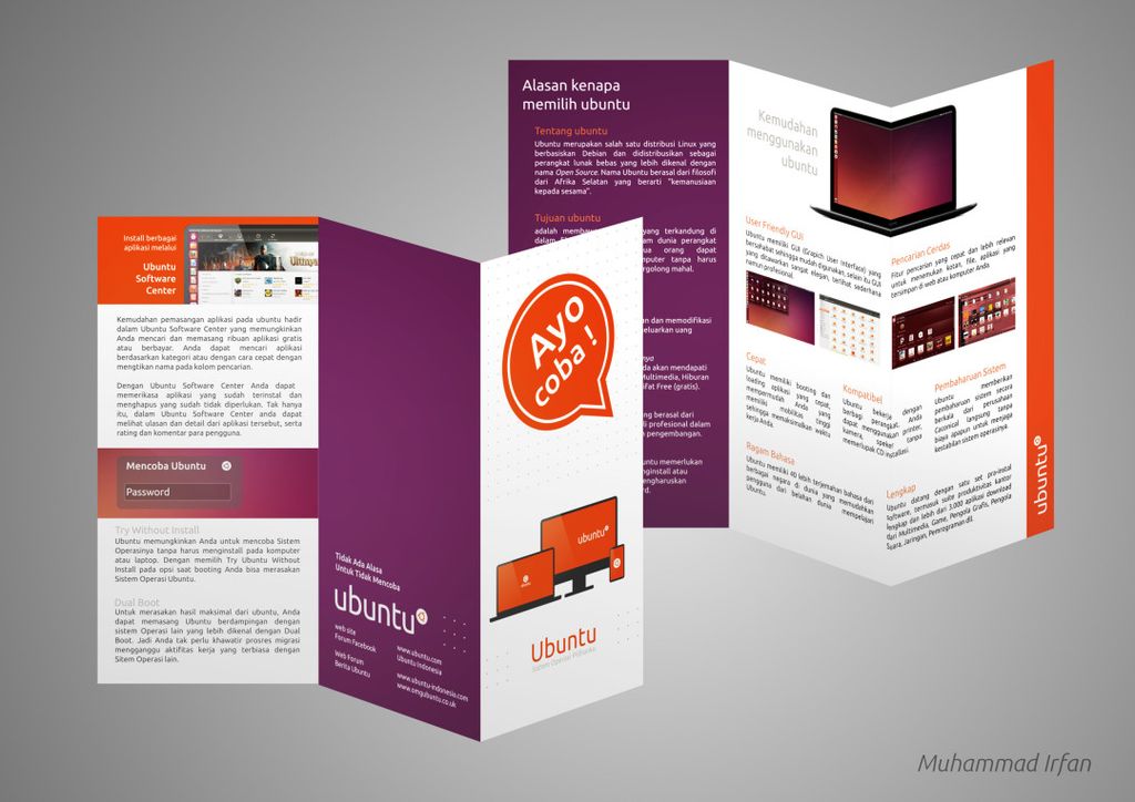 Brochure promosi sistem operasi Ubuntu dengan fitur dan manfaatnya.