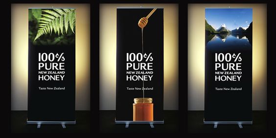 Tiga banner promosi madu 100% asli dari Selandia Baru.