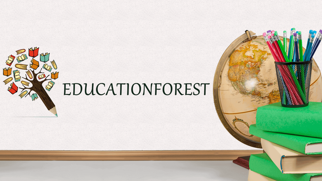 Logo EducationForest dengan globe dan alat tulis, menunjukkan pendidikan dan belajar.
