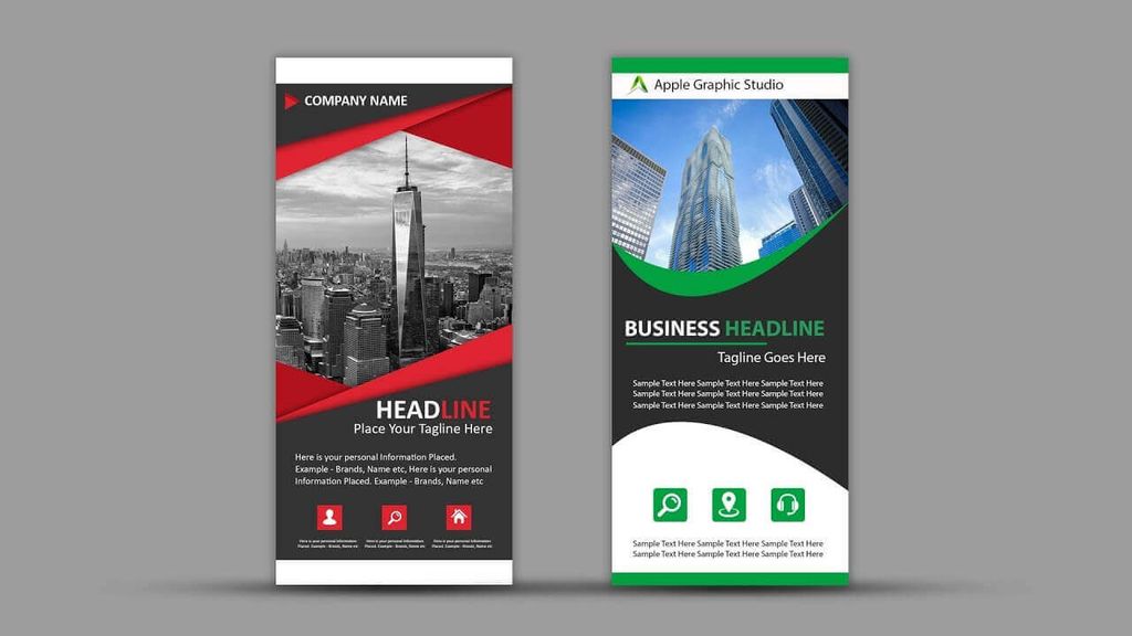 Banner promosi bisnis dengan latar kota dan logo studio grafis