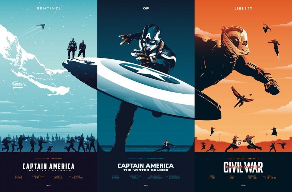 Ilustrasi poster film Captain America dari tiga film pertamanya, menampilkan karakter superhero dan adegan aksi.