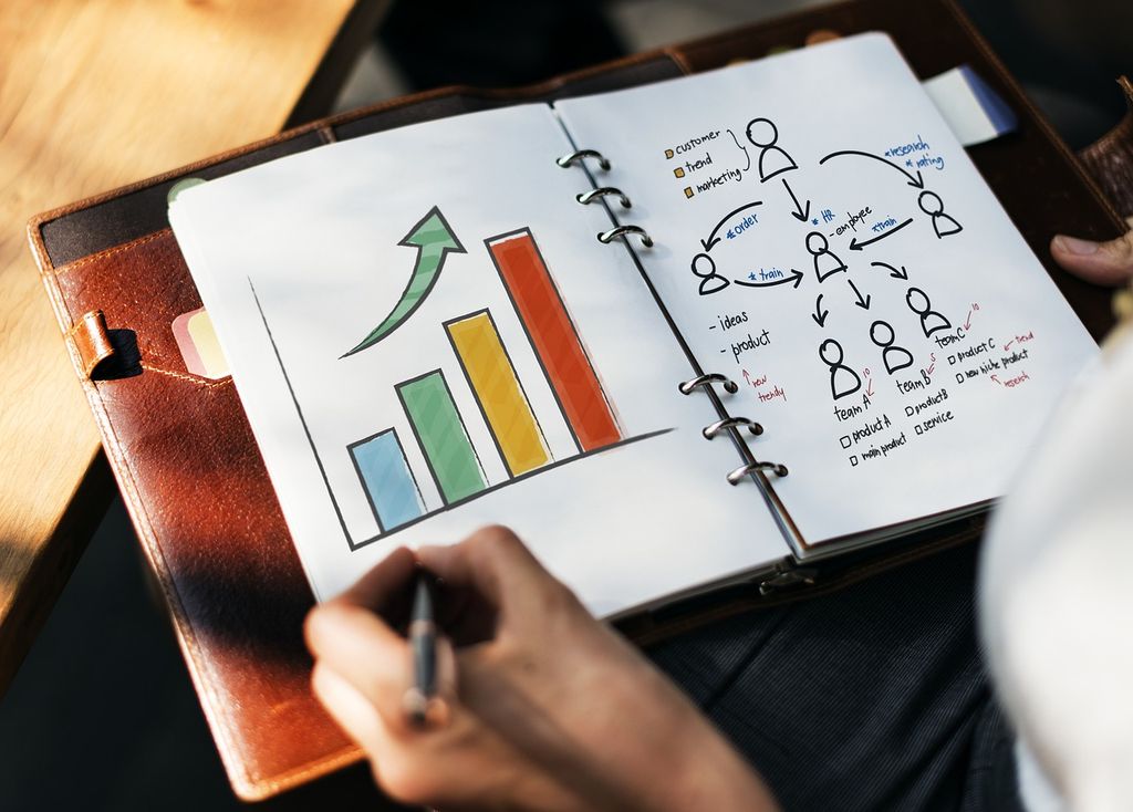 Buku catatan dengan analisis bisnis, grafik batang, dan diagram alur