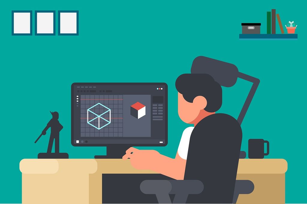 Ilustrasi desainer grafis sedang mengedit model 3D di komputer.