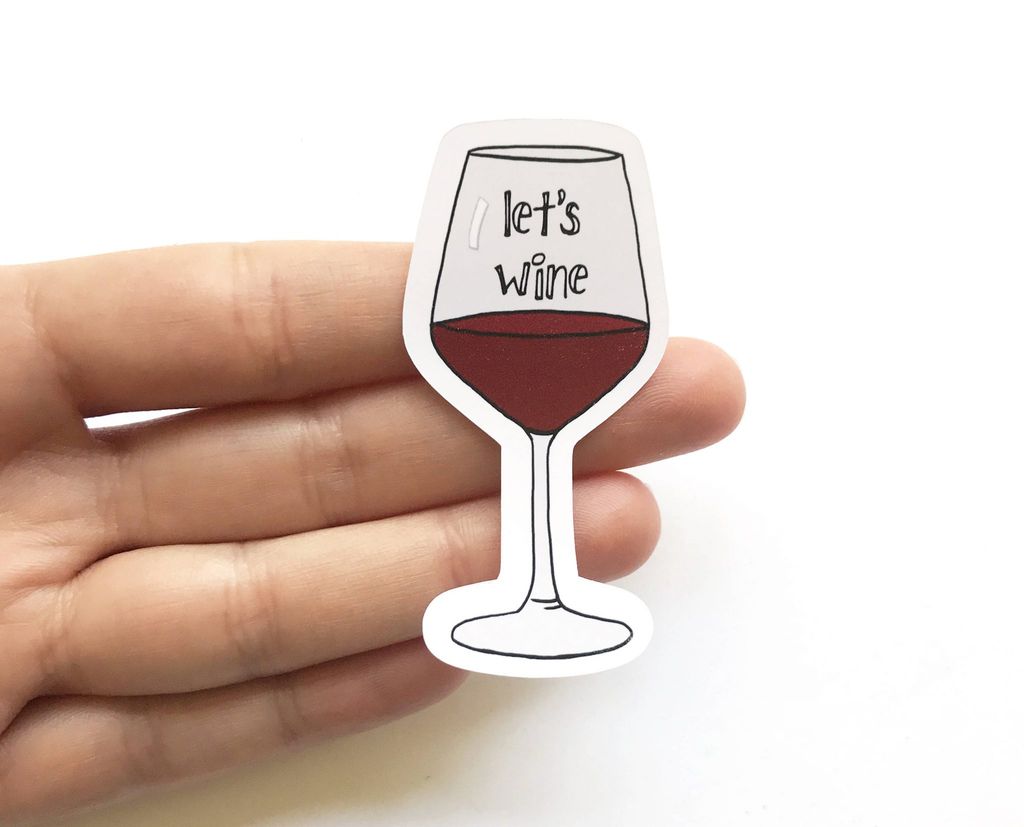 Stiker lucu dengan gambar gelas anggur dan tulisan 'let's wine'.
