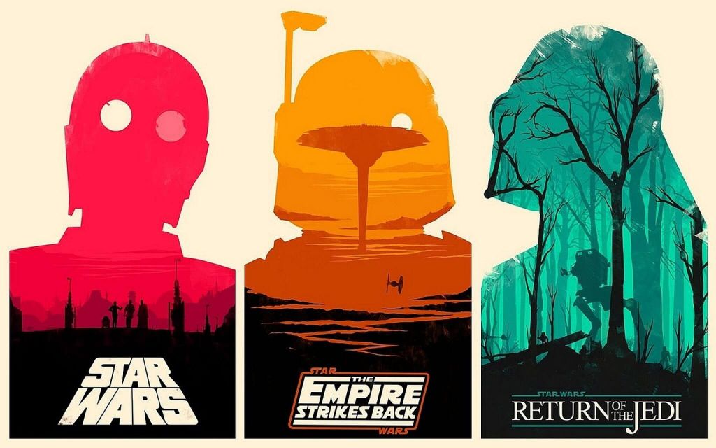 Ilustrasi poster Star Wars Trilogy dengan tema cerah dan kontras warna