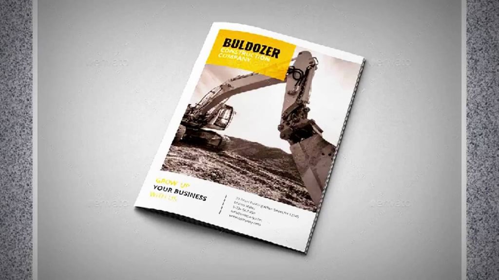 Desain brosur perusahaan konstruksi dengan gambar alat berat