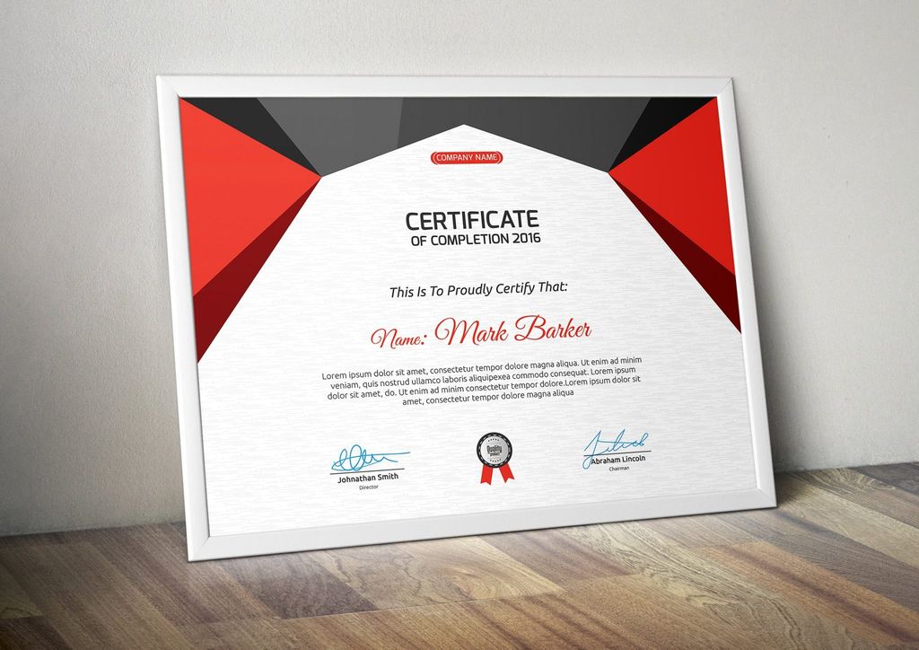 Sertifikat penyelesaian dengan desain modern dan warna merah dan putih.