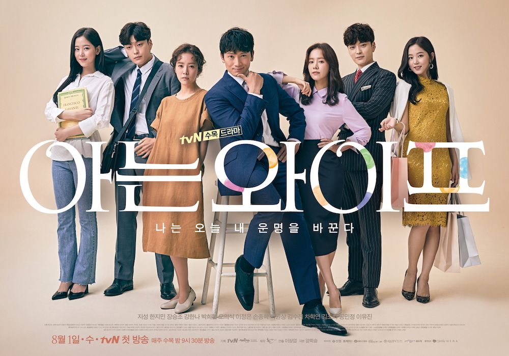 Poster drama Korea dengan tiga pria dan tiga wanita dalam pakaian formal dan semi-formal.