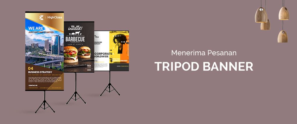 Beberapa poster tripod banner dalam berbagai desain dan ukuran.