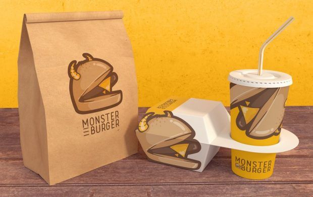 Paket makanan Monster Burger dengan burger dan minuman di Uprint.id.
