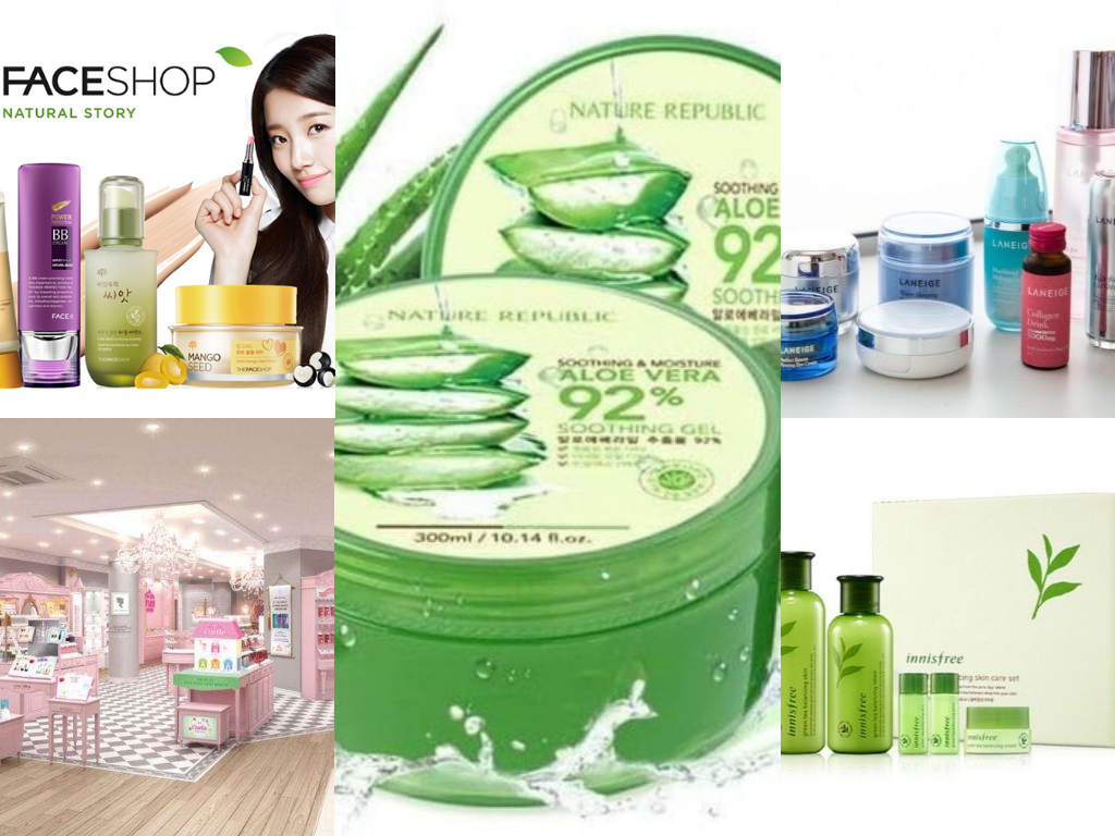 Koleksi produk skincare alami dari Face Shop dan Nature Republic, termasuk gel aloe vera 92%.