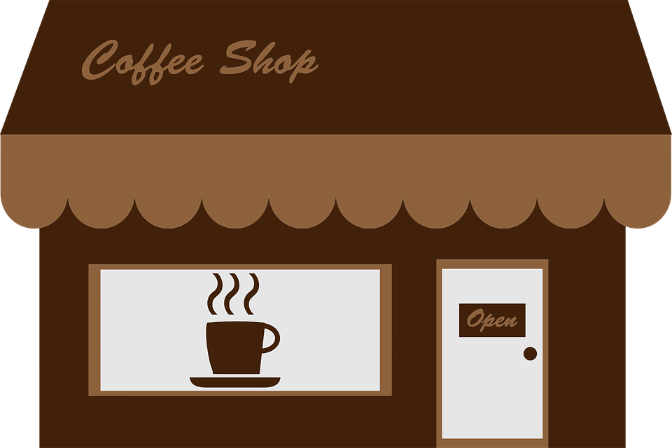 Gambarnya menunjukkan depan toko kopi dengan awning dan tanda 'Open'.