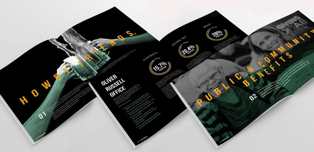 Desain brosur profesional dengan elemen grafis dan teks informatif.