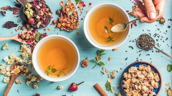 Teh herbal dalam cangkir dan bahan-bahan alami di sekelilingnya.