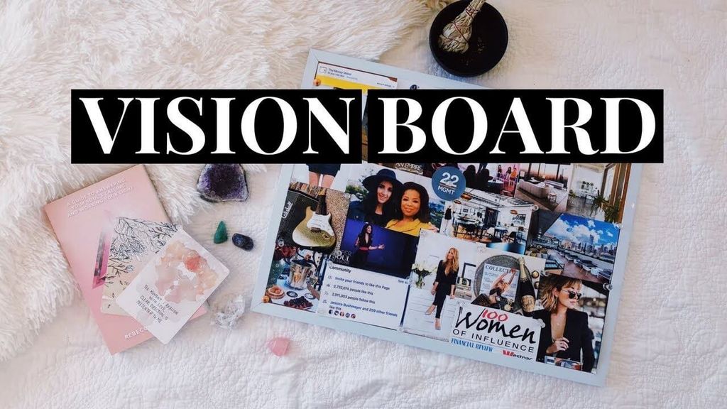 Gambar Vision Board dengan foto-foto inspiratif dan aksesori spiritual.
