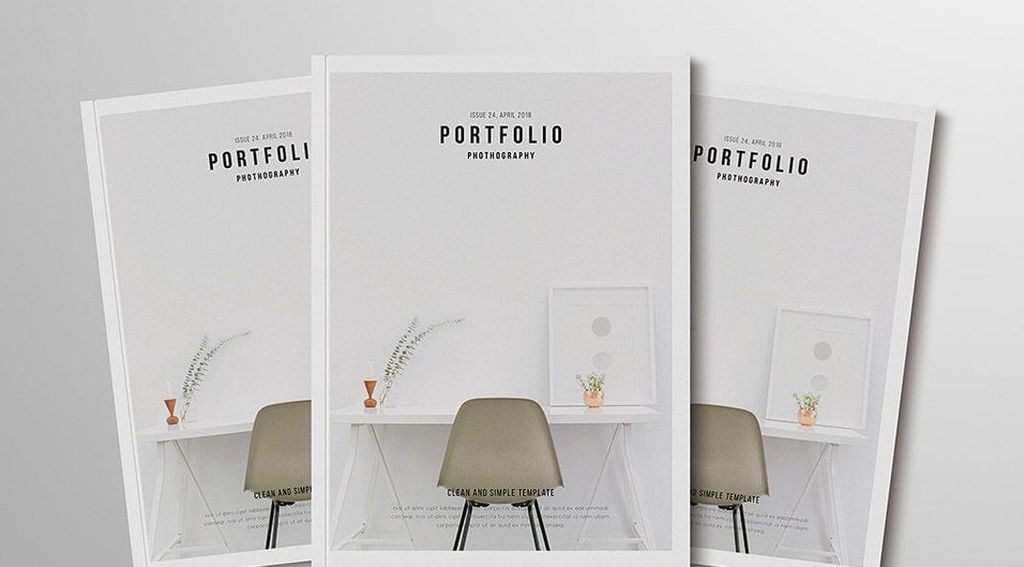 Tiga poster desain portofolio minimalis dengan tema fotografi dan kerangka sederhana.