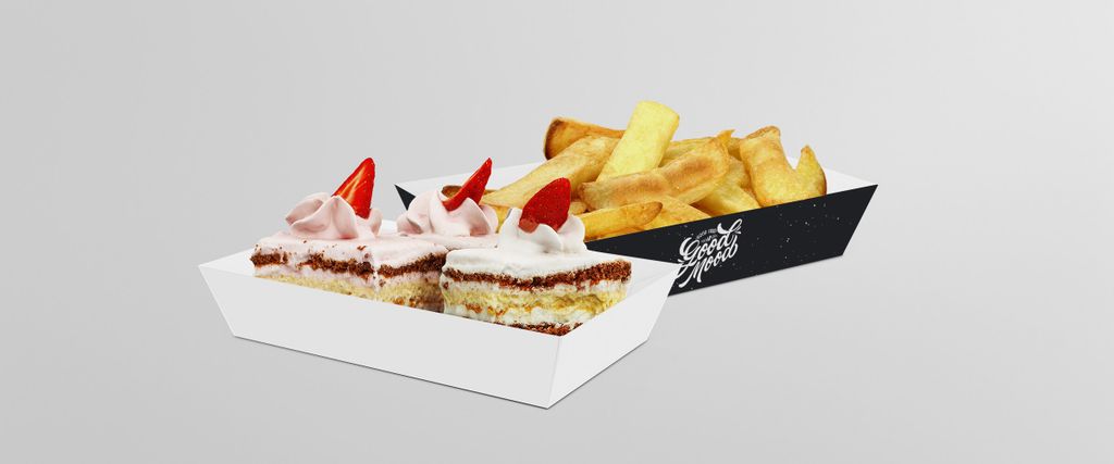 Paket makanan berisi kue dengan topping strawberry dan kentang goreng dalam kotak berlogo Good Mood.