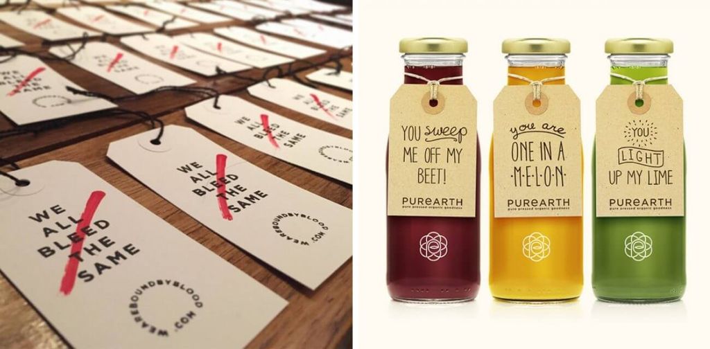 Tampak dekat tag percetakan dan botol minuman Purearth dengan desain menarik.