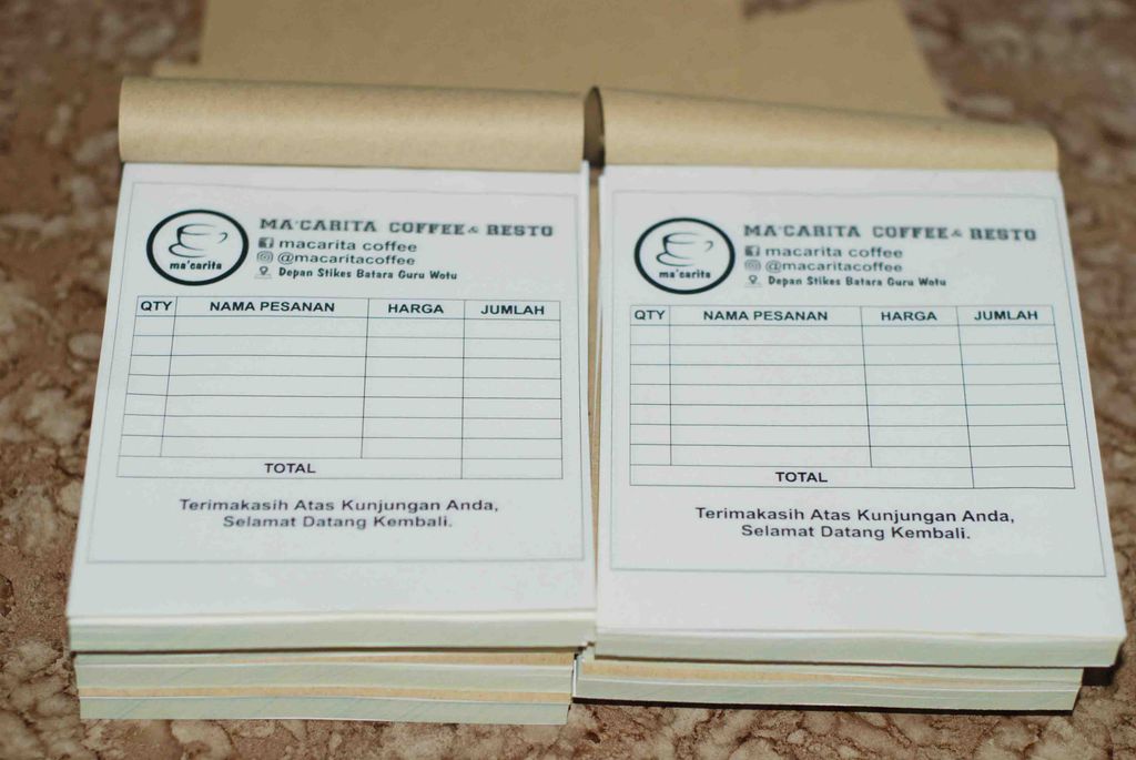 Nota kasir Macarita Coffee Resto dalam format cetak dua sisi