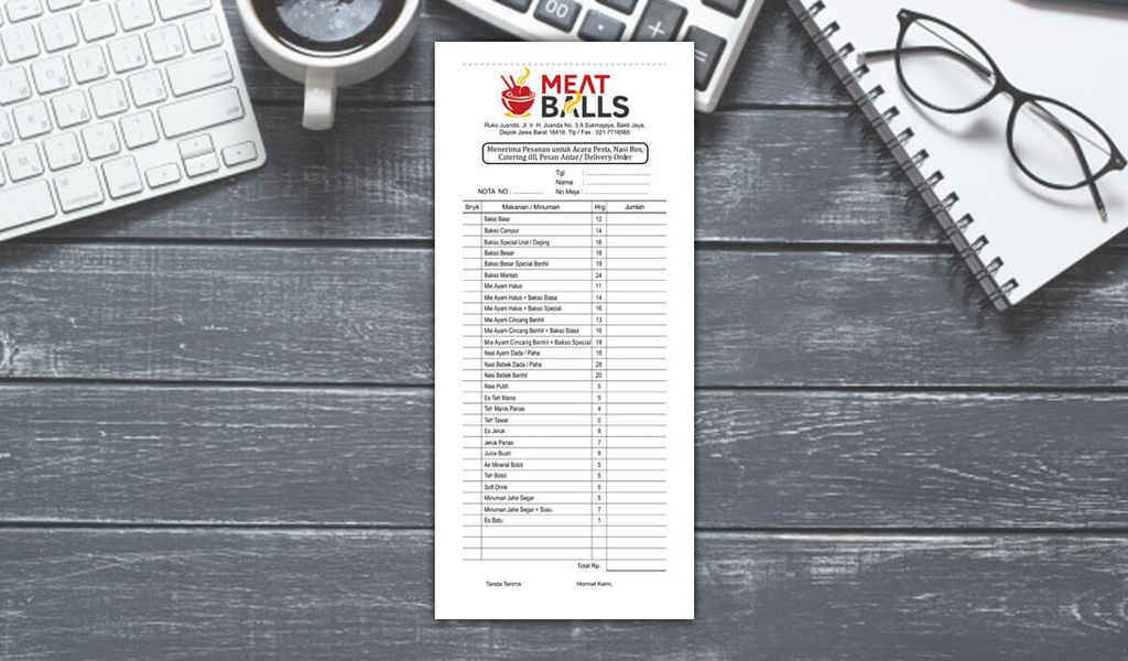 Nota pesanan Meat Balls dengan daftar menu dan jumlah