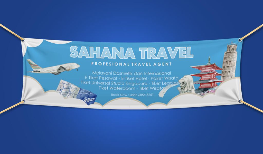 Banner iklan perusahaan travel dengan gambar maskot dan tempat wisata