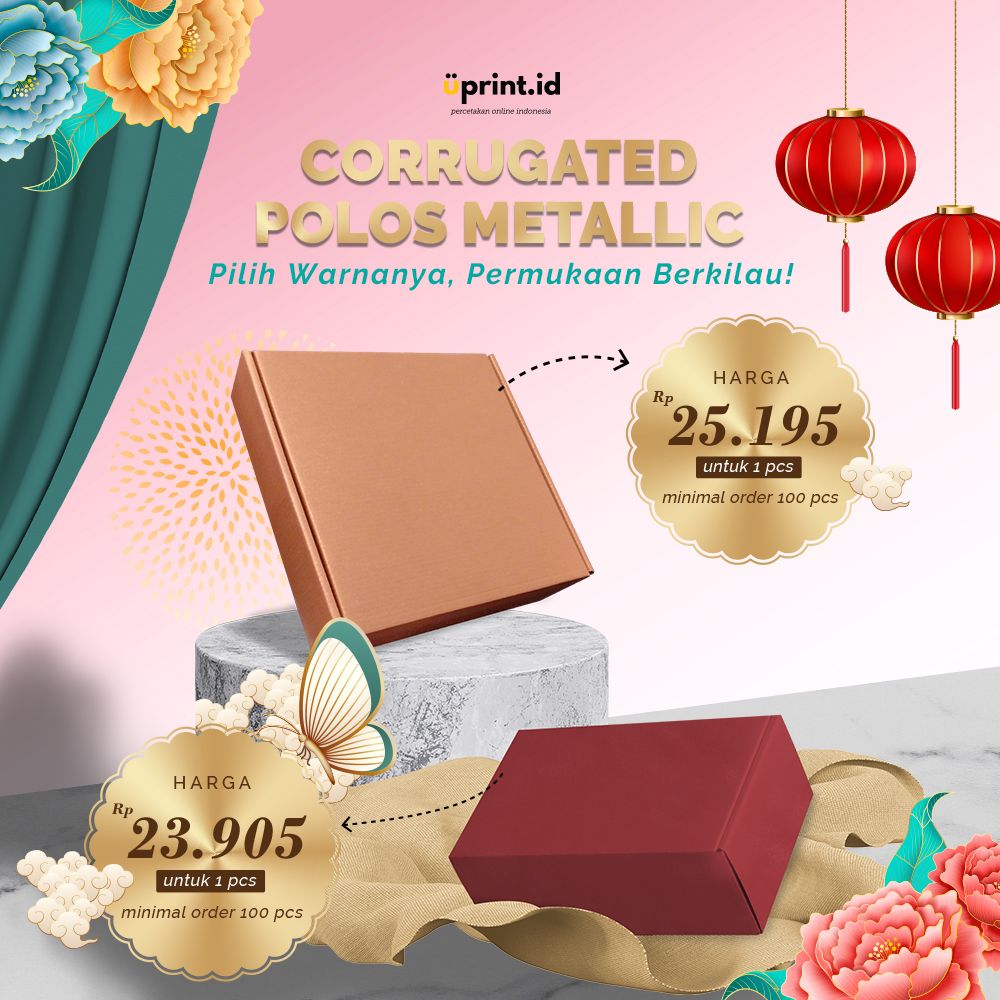 Promosi kotak corrugated polos metallic dengan harga dan detail spesifikasi sebagai ilustrasi pentingnya membaca spesifikasi produk cetak