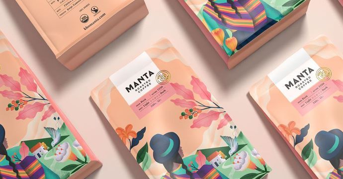 Paket kopi Manta dengan desain grafis yang menarik dan warna-warna cerah.