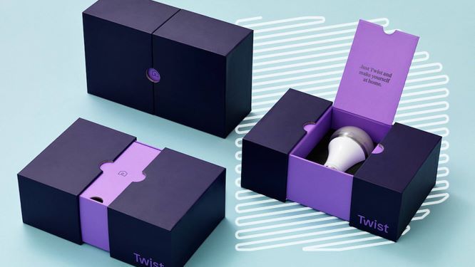Kotak unik dan produk Twist dalam warna ungu.