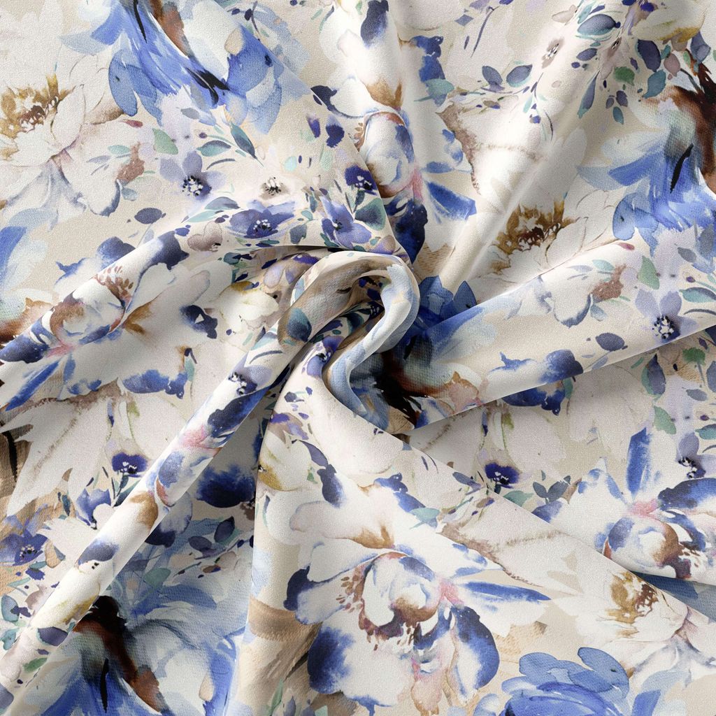 Kain dengan motif bunga biru dan putih, cocok untuk hiasan atau bahan pembuatan baju.