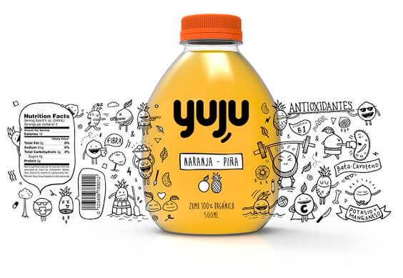 Botol minuman organik Yuju Naranja-Pina dengan label dan ilustrasi sehat.