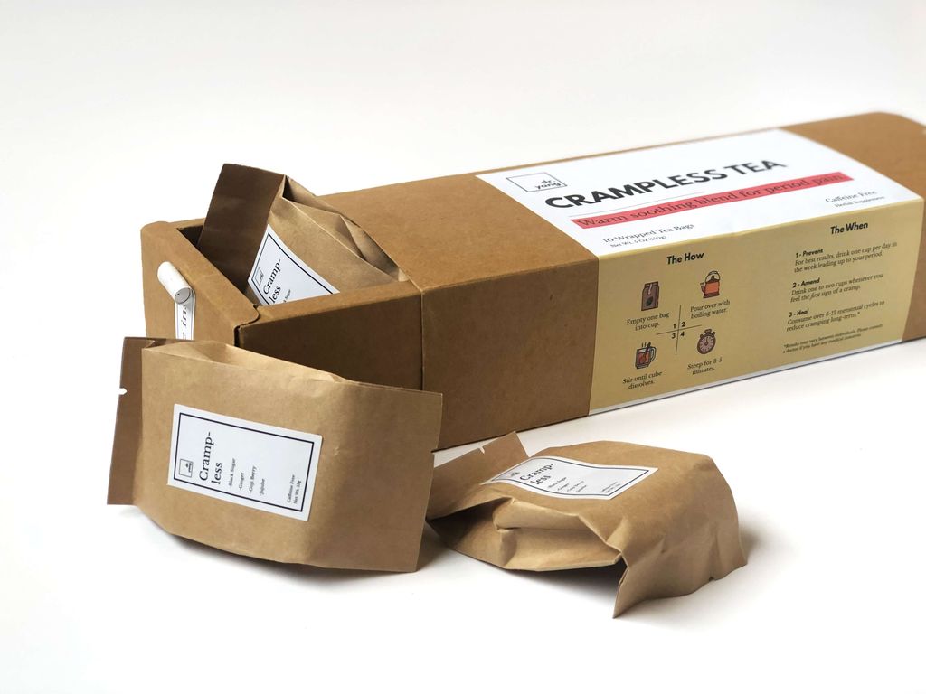 Paket teh Crampless Tea dalam kotak dan kemasan individu.