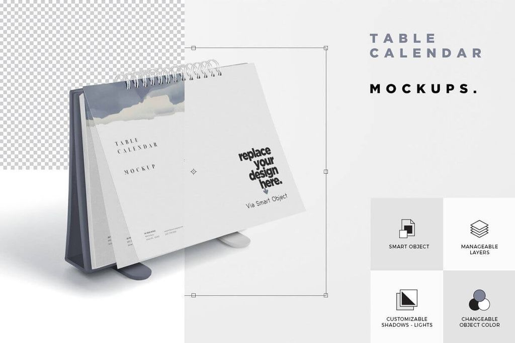 Mockup desain kalender meja dengan opsi penggantian desain dan efek cahaya.